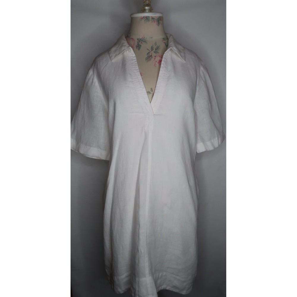 J.Crew Bungalow Popover Linen Dress White Collared Shift Pockets Women's Small